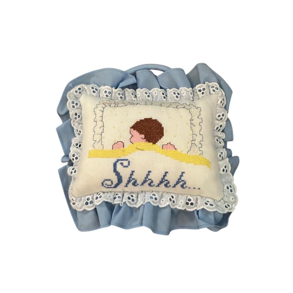 Vintage Cross-stitch Baby Sleeping Door Hanger Blue White